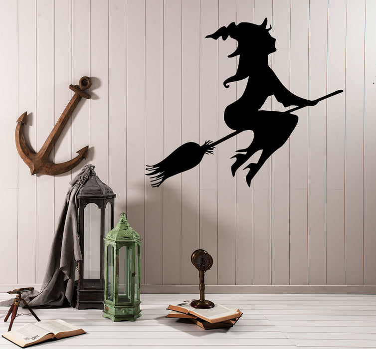 Wall Decal Witch Flying On Broom Silhouette Witchcraft Halloween Vinyl Sticker (ed1483)