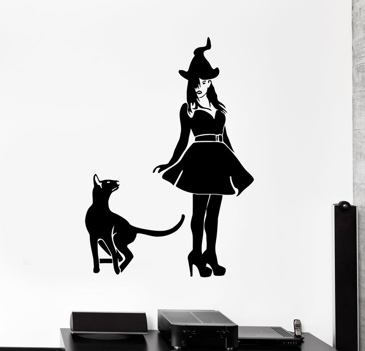Wall Decal Witch Cat Pet Animal Halloween Witchcraft Vinyl Sticker (ed1496)