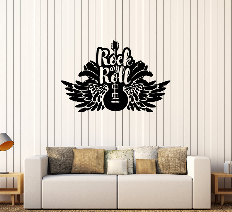 Wall Decal Music Guitar Wings Rock and Roll Words Vinyl Sticker (ed1513)