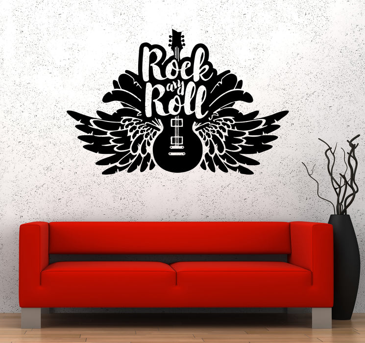 Wall Decal Music Guitar Wings Rock and Roll Words Vinyl Sticker (ed1513)