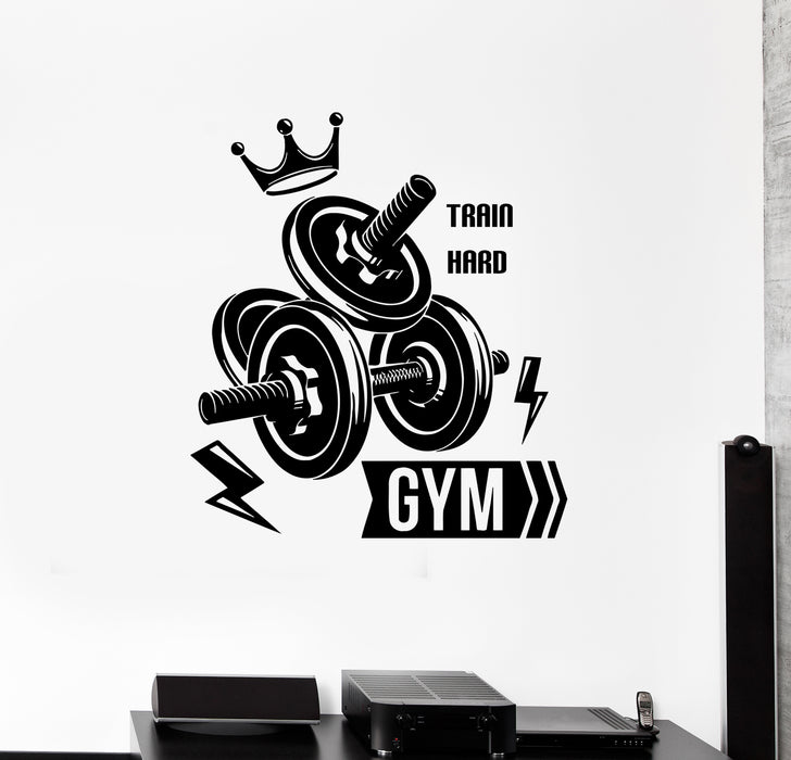 Wall Decal Sport Fitness Gym Dumbbells Bodybuilding Train Hard Vinyl Sticker (ed1641)