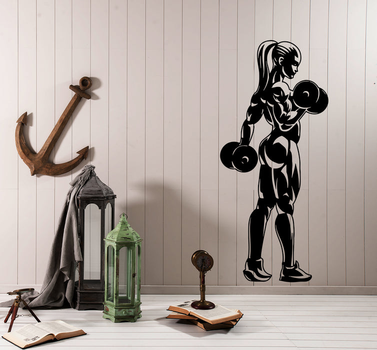 Wall Vinyl Decal Fitness Club Girl Woman With Barbell Bodybuilding Dec —  Wallstickers4you