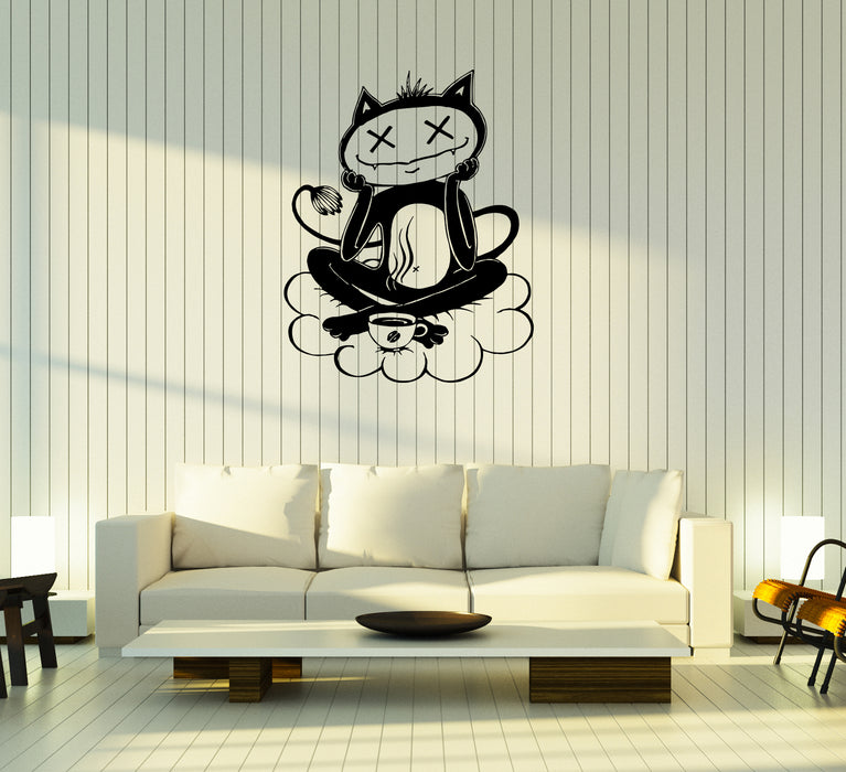 Wall Decal Cat Pet Cartoon Coffee Cup Smiley Vinyl Sticker (ed1715)