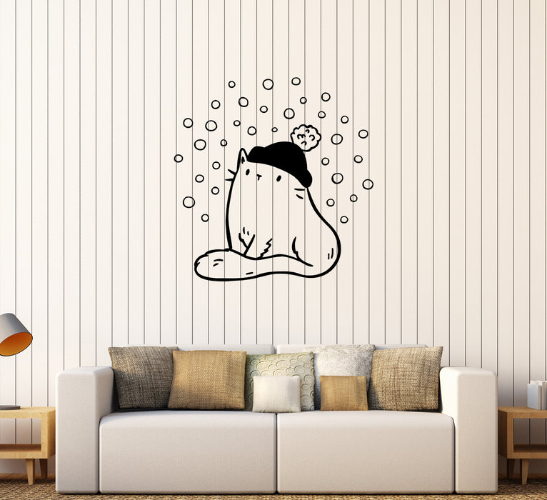 Wall Decal Cat In Hat Snow Pet Winter Christmas Vinyl Sticker (ed1784)