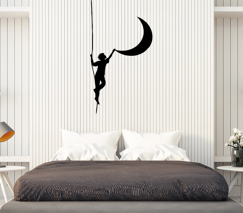 Наклейка на стену Мальчик на веревке Луна Ночное небо Виниловая наклейка (ed2054)