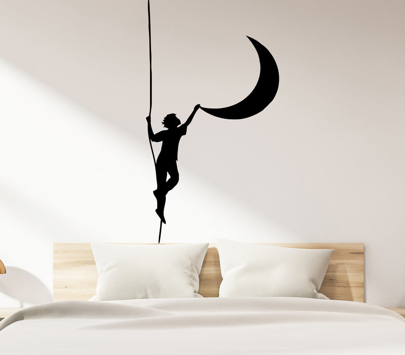 Наклейка на стену Мальчик на веревке Луна Ночное небо Виниловая наклейка (ed2054)