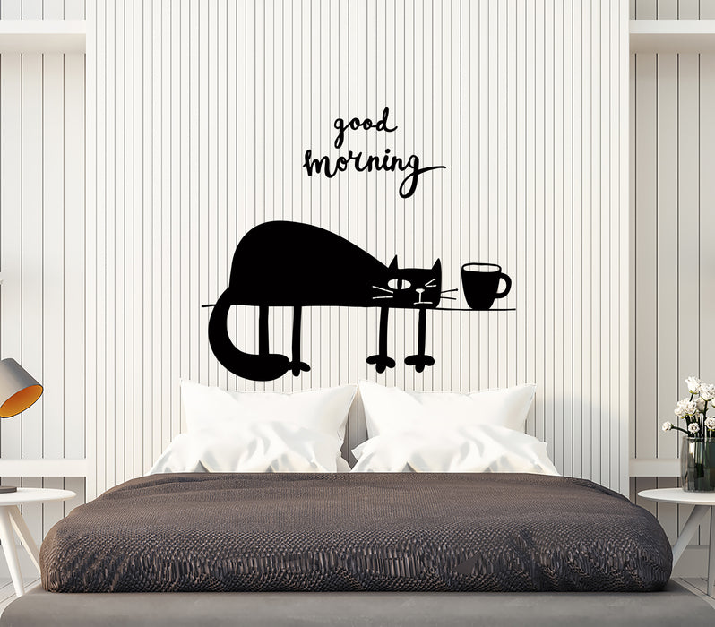 Wall Decal Funny Cat Pet Coffee Good Morning Lettering Vinyl Sticker (ed2148)