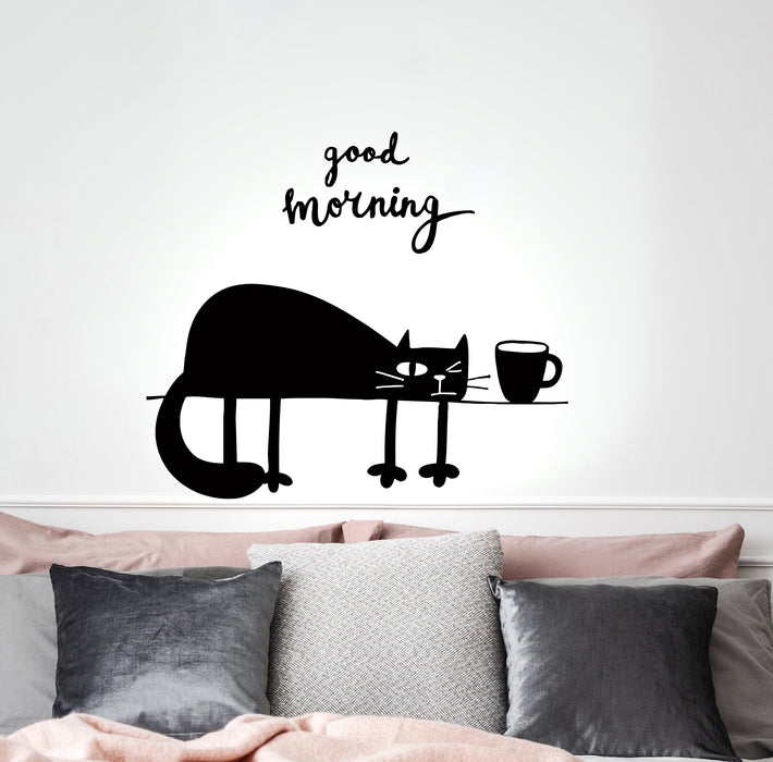 Wall Decal Funny Cat Pet Coffee Good Morning Lettering Vinyl Sticker (ed2148)