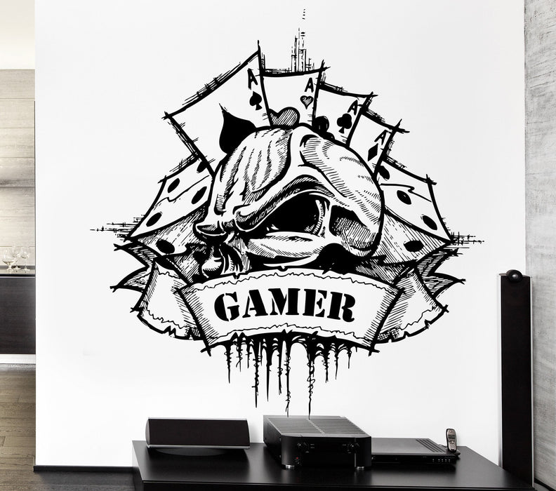 Wall Decal Gamer Skull Dice Game Card Casino Gambling Luck Vinyl Decal Unique Gift (ed345)