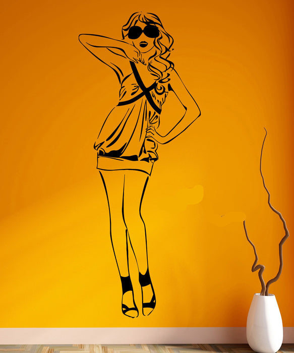 Vinyl Decal Wall Sticker Beautiful Girl Fashion Dress Sexy Sunglasses Unique Gift (ed433)