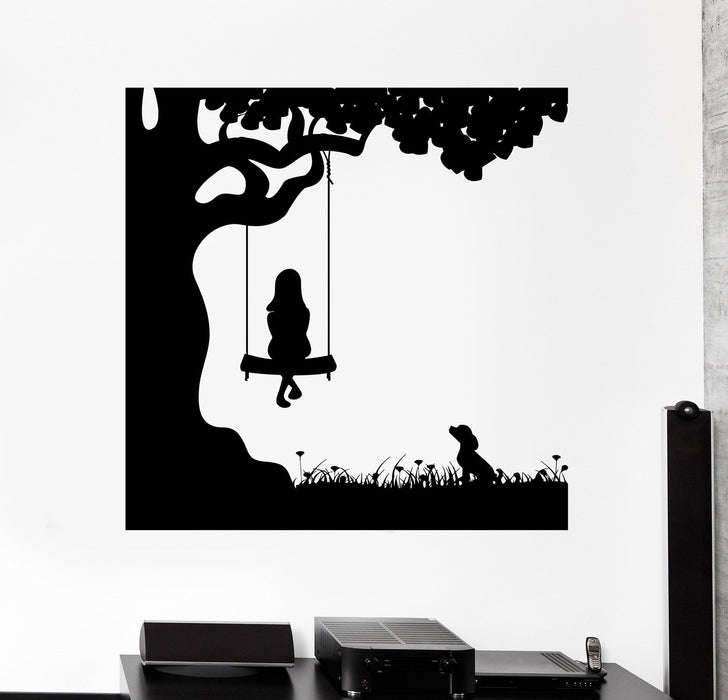 Wall Decal Girl Child Dog Friend Pet Swing Nature Vinyl Sticker Unique Gift (ed482)