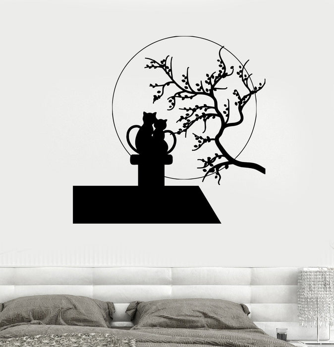 Wall Vinyl Cats Romance Nature Moon Love Couple Roof Sticker Decal Unique Gift (ed485)