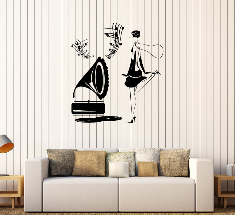 Wall Sticker Gramophone Jazz Music Vintage Sheet Music Girl Vinyl Decal Unique Gift (ed502)