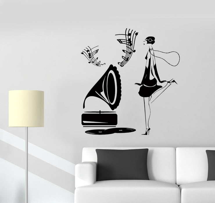 Wall Sticker Gramophone Jazz Music Vintage Sheet Music Girl Vinyl Decal Unique Gift (ed502)