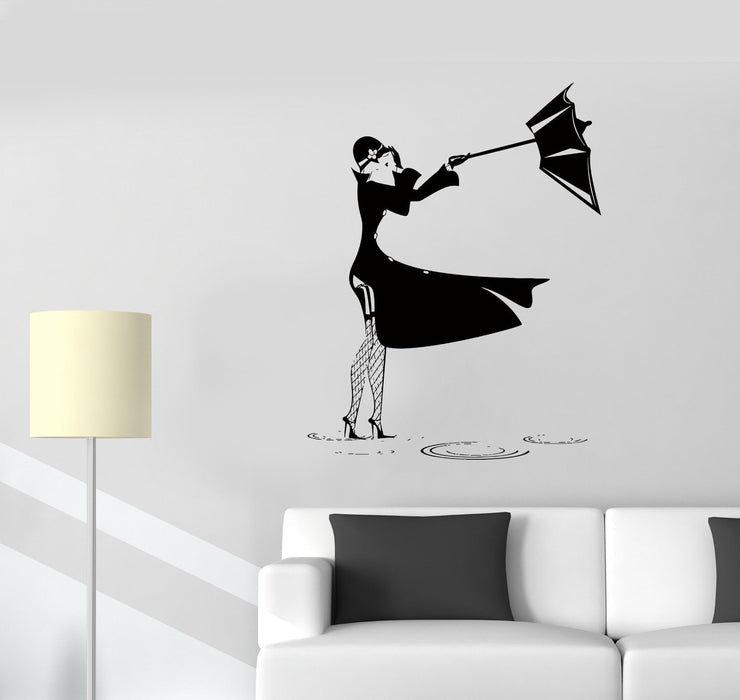 Wall Stickers Girl Puddle Rain Thunderstorm Wind Umbrella Vinyl Decal Unique Gift (ed503)