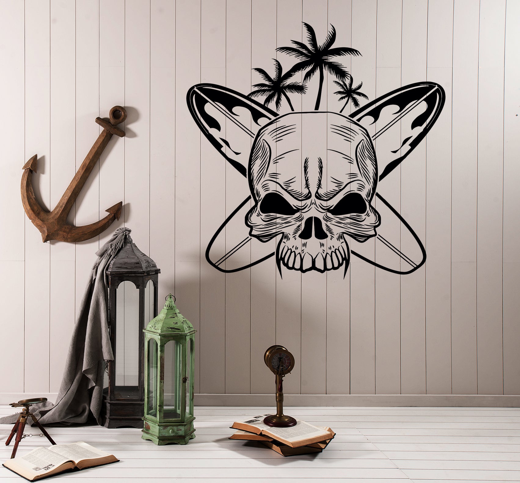 Wall Decal Skull Surfing Waves Palm Beach Summer Sea Holidays Vinyl Un ...