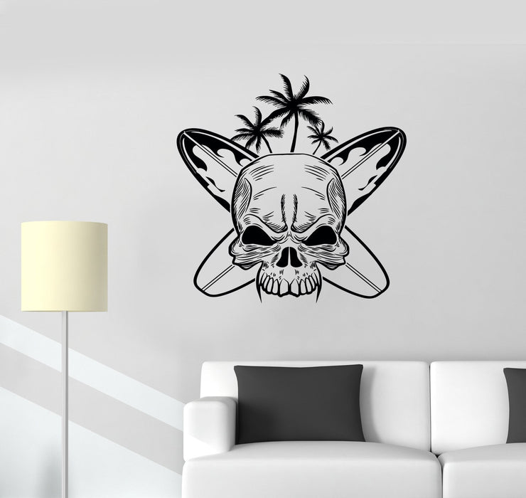 Wall Decal Skull Surfing Waves Palm Beach Summer Sea Holidays Vinyl Unique Gift (ed547)