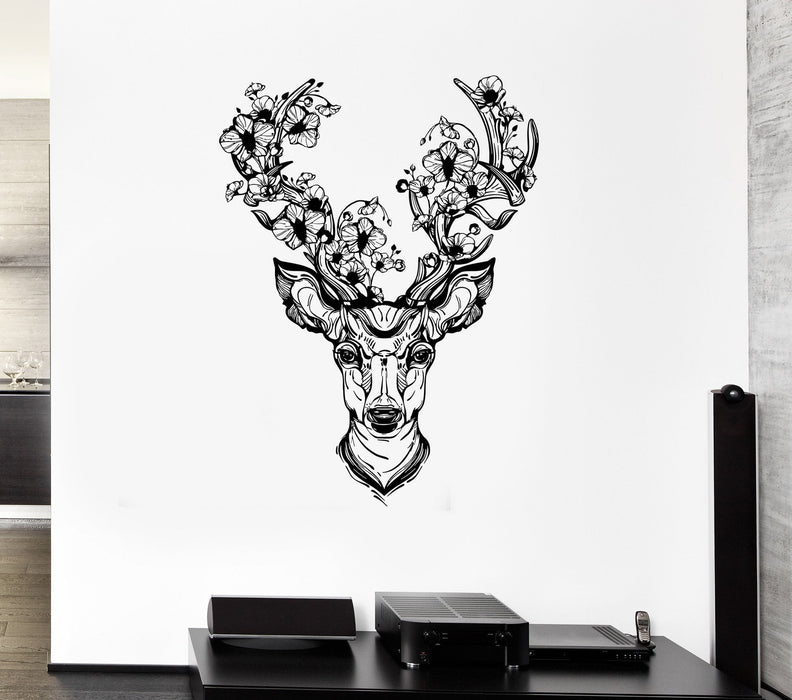 Wall Vinyl Sticker Decal Deer Horn Decoration Fantasy Forest Flower Head Unique Gift (ed555)