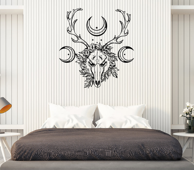 Wall Sticker Animal Skull Occult Moon Pattern Horn Wreath Vinyl Decal Unique Gift (ed557)