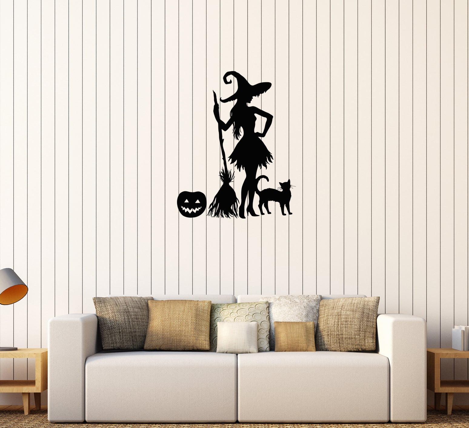 Wall Decal Halloween Pumpkin Witch Broom Black Cat Magic Monster Vinyl ...