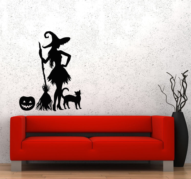 Wall Decal Halloween Pumpkin Witch Broom Black Cat Magic Monster Vinyl Sticker Unique Gift (ed662)