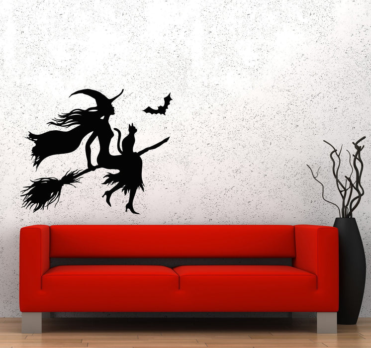 Wall Decal Halloween Witch Broom Black Cat Magic Flight Night Moon Vinyl Sticker Unique Gift (ed663)