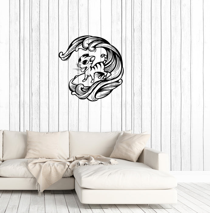 Wall Decal Cat Pet Wave Sea Animal Surfing Vinyl Sticker Unique Gift (ed691)