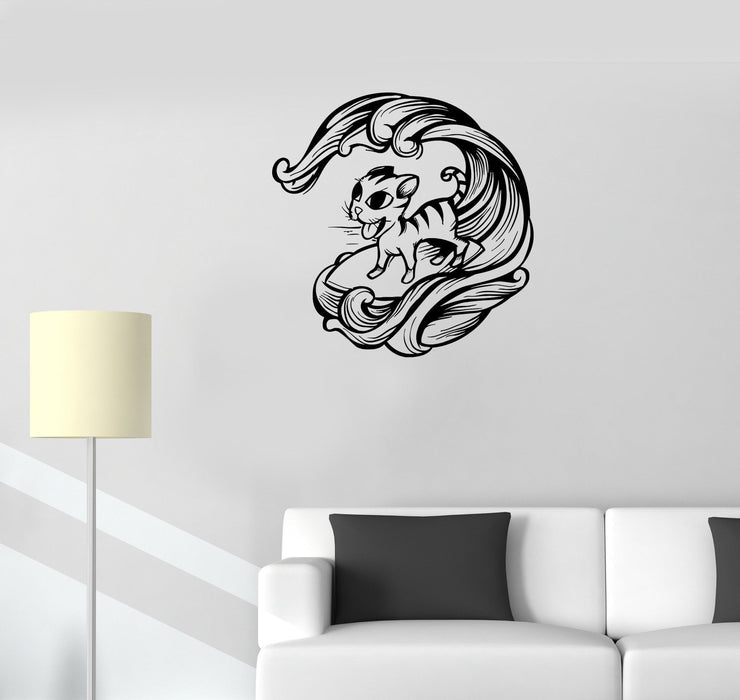 Wall Decal Cat Pet Wave Sea Animal Surfing Vinyl Sticker Unique Gift (ed691)
