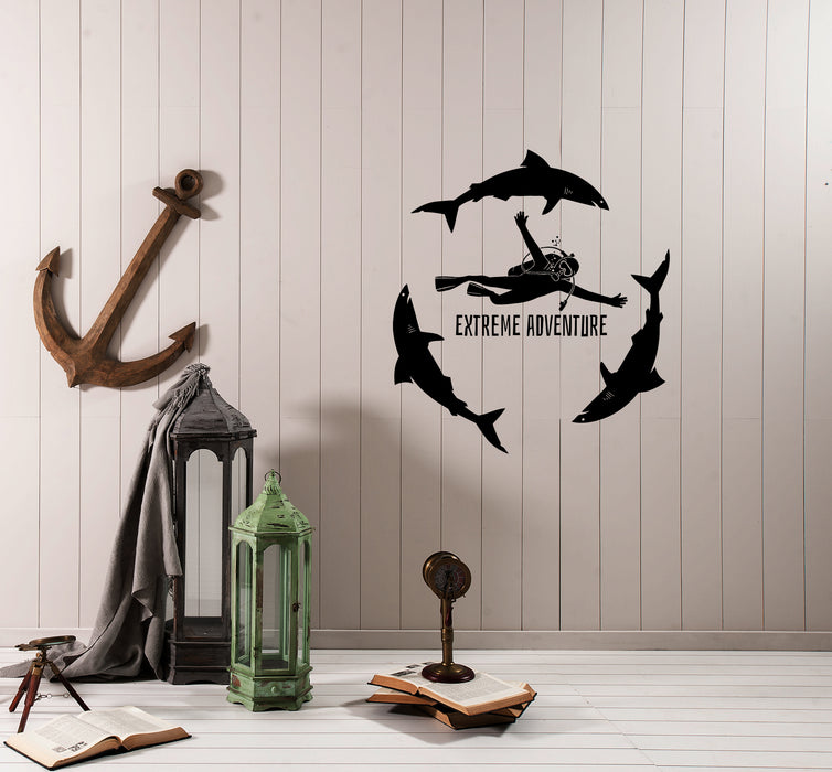 Wall Decal Diving Extreme Dive Sports Diver Sea Ocean Sharks Vinyl Sticker Unique Gift (ed792)
