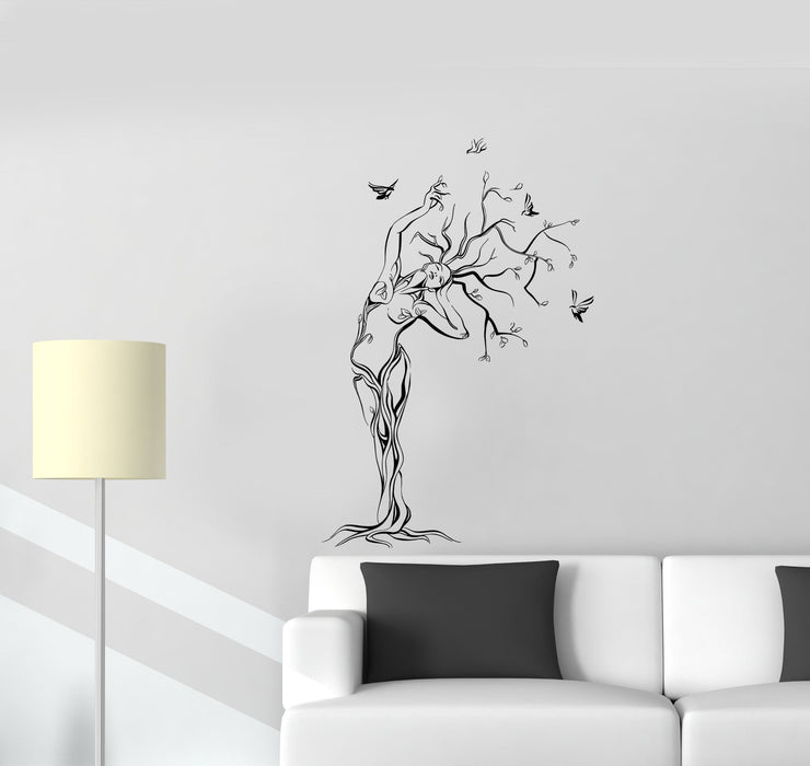 Wall Decal Nature Naked Girl Tree Birds Woman Vinyl Sticker Unique Gift (ed801)