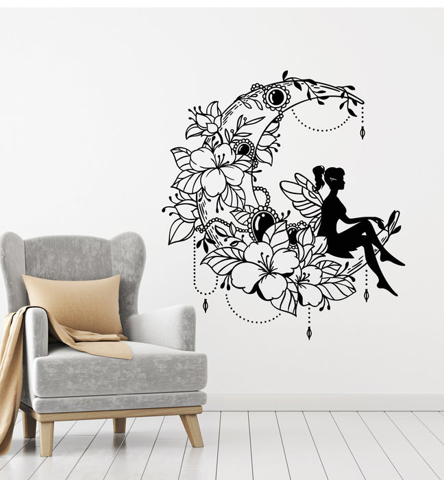 Vinyl Wall Decal Fairy Floral Art Crescent Moon Children Room Stickers Mural (g7725)