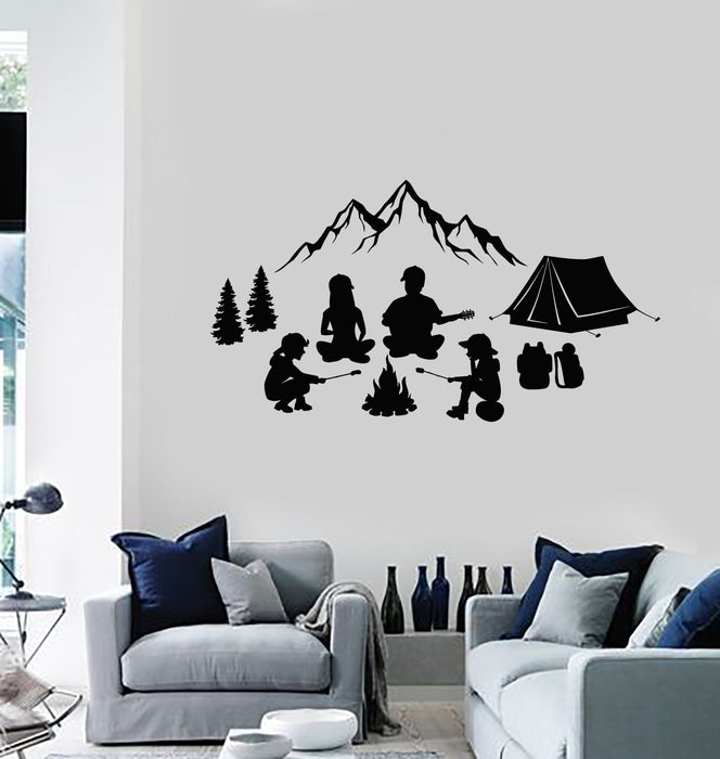 Autocollant mural en vinyle pour camping familial, feu de camp, montagnes en plein air, décoration de tente, autocollants muraux (ig5567)