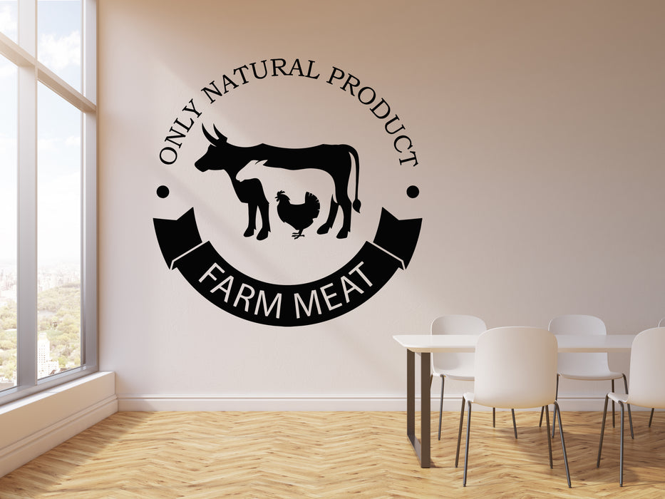 Vinyl Wall Decal Farm Meat Only Natural Products Cow Chicken Stickers Mural (g7176)