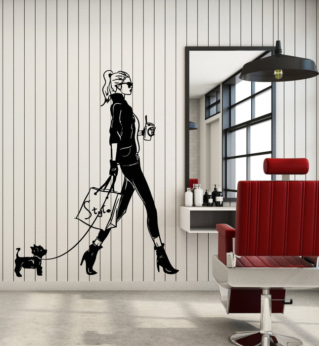 Vinyl Wall Decal Style Fashion Studio Model Girl With Dog Stickers Mural (g3546)