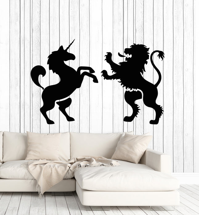 Vinyl Wall Decal Heraldic Emblem Medieval Lion And Unicorn Stickers Mural (g5497)