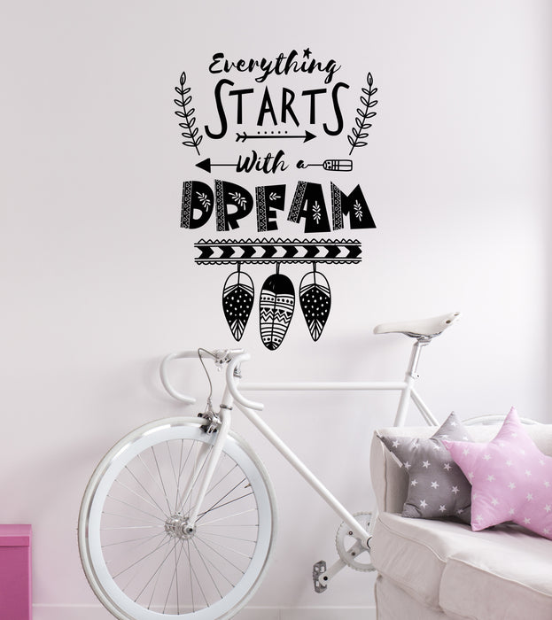 Vinyl Wall Decal Ethnic Inspire Inspirational Quote Dreams Girl Room Feathers Stickers Mural (ig6333)