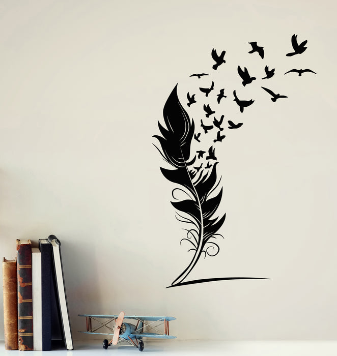 Vinyl Wall Decal Pen Writer Room Feather Pen Birds Patterns Decor Stickers Mural (g7410)