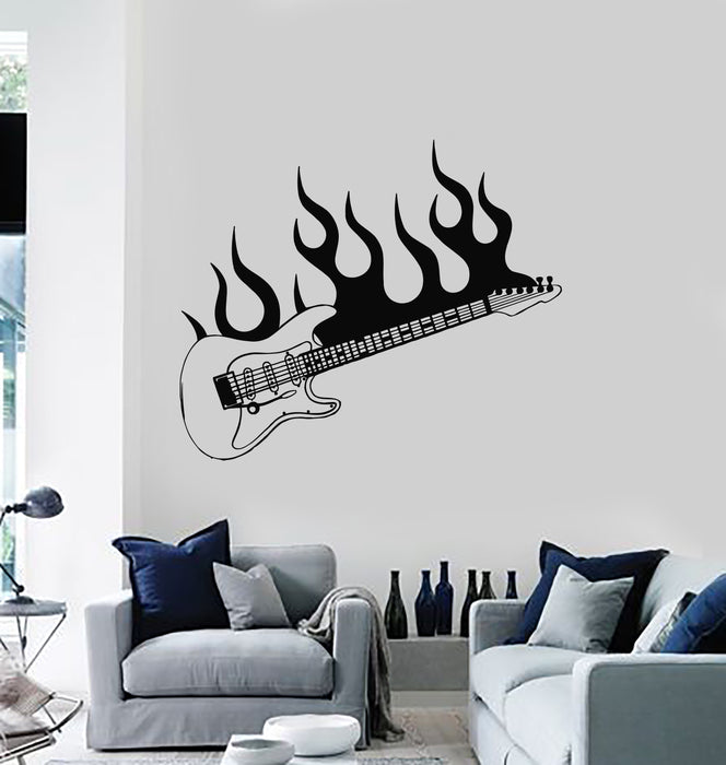 Vinyl Wall Decal Hard Rock Metal Teenager Music Electric Guitar Fire Stickers Mural (g3389)