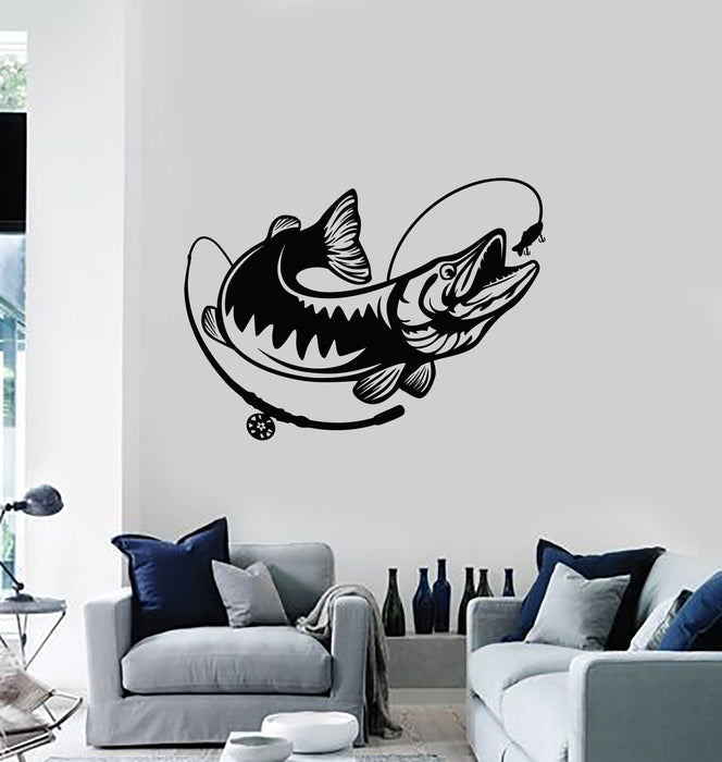 Vinyl Wall Decal Fish Predator Fishing Pole Marine Animal Stickers Mural (g1484)