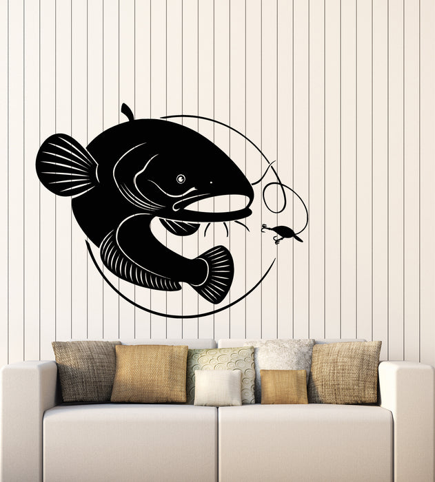 Vinyl Wall Decal Catfish Catch Big Fish Rod Fishing Hobby Stickers