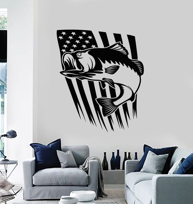 Vinyl Wall Decal Fish Fishing Hobby USA Flag Symbol United States  Stickers Mural (g2541)