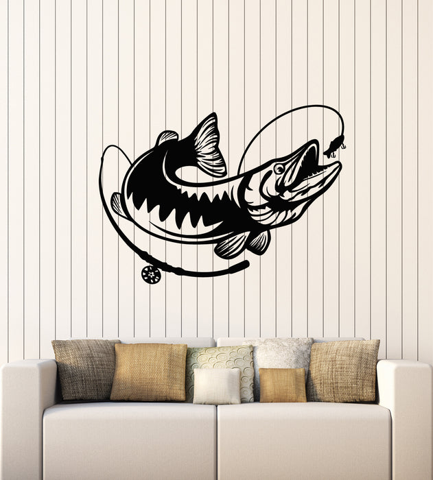 Vinyl Wall Decal Fish Predator Fishing Pole Marine Animal Stickers Mural (g1484)