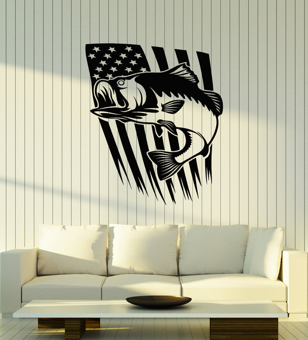 Vinyl Wall Decal Fish Fishing Hobby USA Flag Symbol United States  Stickers Mural (g2541)