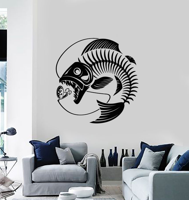 Vinyl Wall Decal Fishing Skeleton Seafood Restaurant Fish Rod Stickers Mural (g3020)