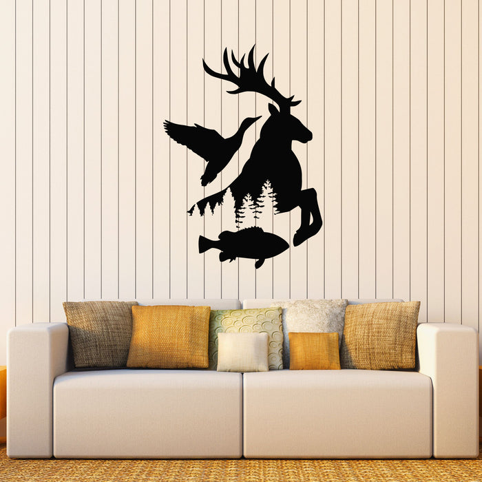 Vinyl Wall Decal Fisher Hunting Duck Elk Fish Silhouette Wild Animals Stickers Mural (g8383)