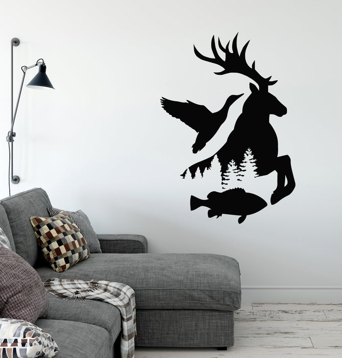 Vinyl Wall Decal Fisher Hunting Duck Elk Fish Silhouette Wild Animals Stickers Mural (g8383)