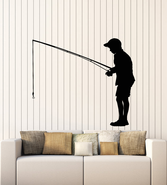 Vinyl Wall Decal Fishing Rod Hobby Fisher Boy Caught Fish Stickers Mural (g1359)