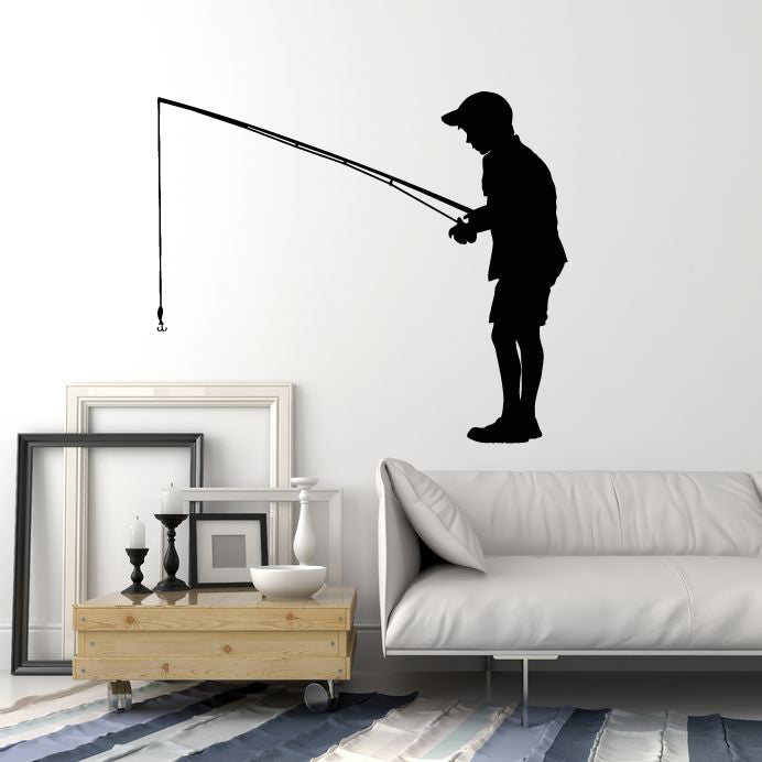 Vinyl Wall Decal Fishing Rod Hobby Fisher Boy Caught Fish Stickers Mural (g1359)