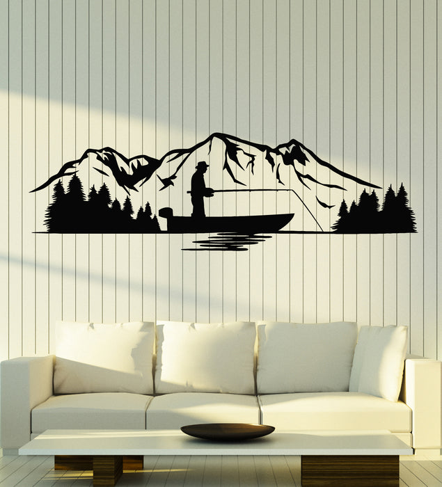 Vinyl Wall Decal Fisherman Fisher Fish Hobby Mountains Nature Stickers Mural (g3077)