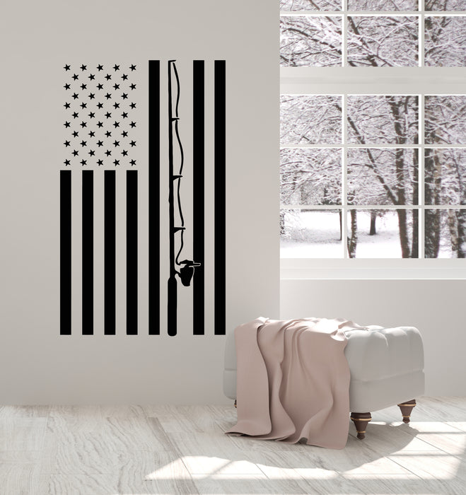 Vinyl Wall Decal Fishing Rod American Flag Patriot Fisher Stickers Mural (g6576)